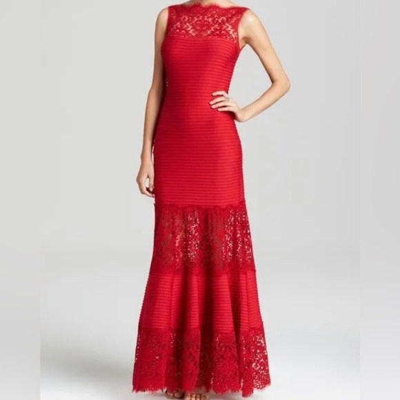 Tadashi Shoji | Dresses | Tadashi Shoji French Rose Red Lace Inset Pintuck  Jersey Dress Gown Sp | Poshmark